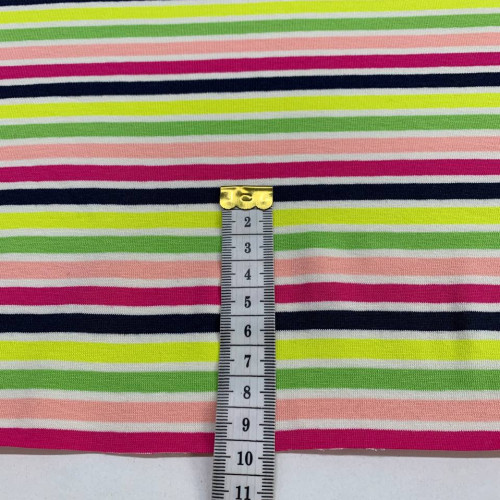 Стрейч кулір бавовняний 95/5 принт - полоска, Рожево - салатовий, (органік котон)